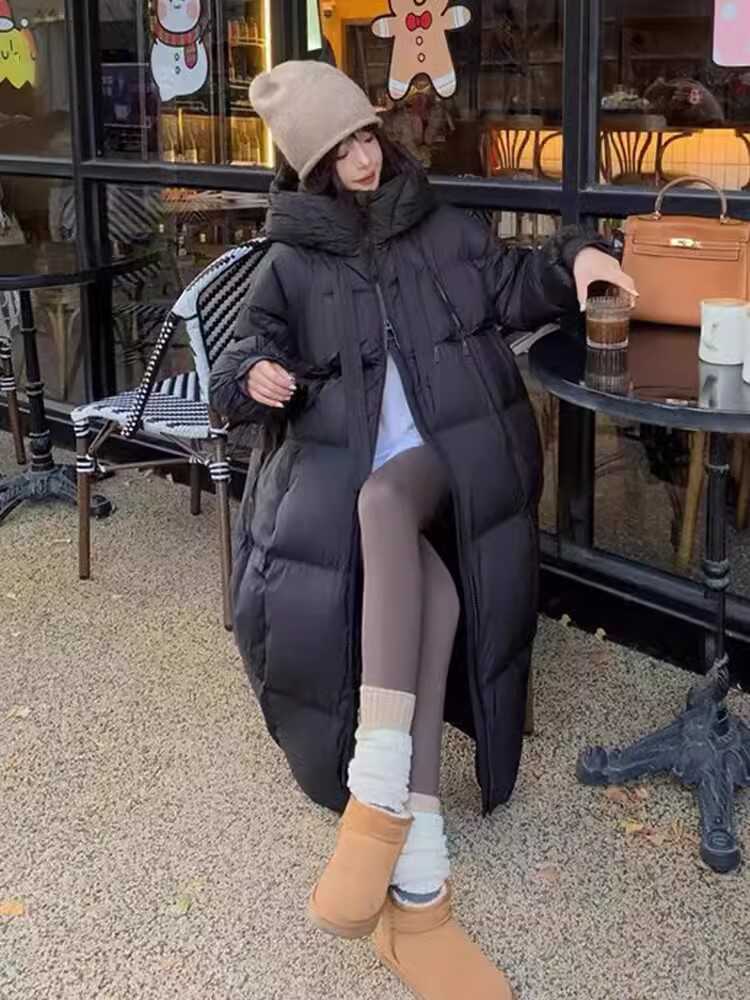 Женское темно-коричневое длинное пуховое пальто-пуховик с капюшоном 2XL чёрный